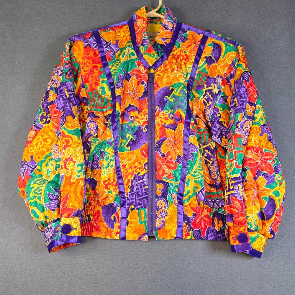 Howard Wolf Bomber Jacket Women Size 6 Multicolor Quilted Bright Floral Vintage